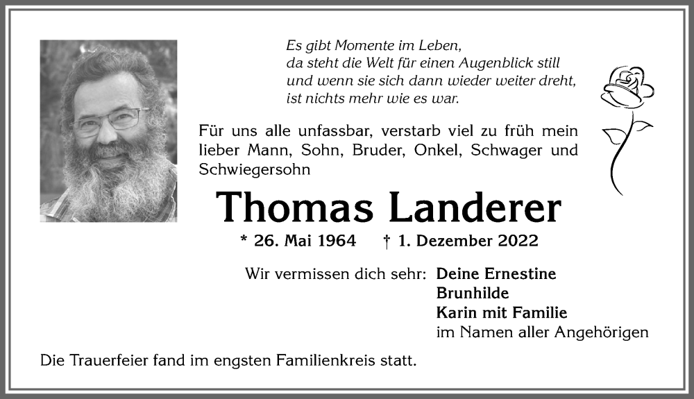  Traueranzeige für Thomas Landerer vom 10.12.2022 aus Allgäuer Anzeigeblatt