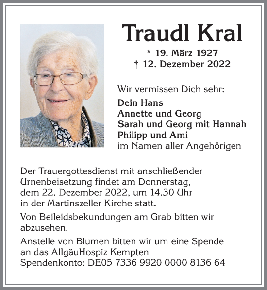 Traueranzeige von Traudl Kral von Allgäuer Zeitung,Kempten