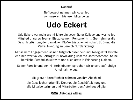 Traueranzeige von Udo Eckert von Allgäuer Zeitung, Kaufbeuren/Buchloe