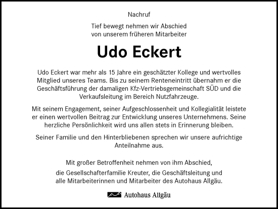 Traueranzeige von Udo Eckert von Allgäuer Zeitung,Kempten