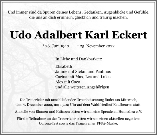 Traueranzeige von Udo Adalbert Karl Eckert von Allgäuer Zeitung, Kaufbeuren/Buchloe