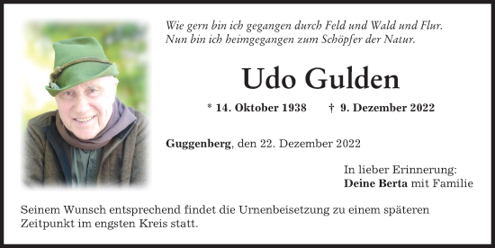 Traueranzeige von Udo Gulden Gulden von Memminger Zeitung