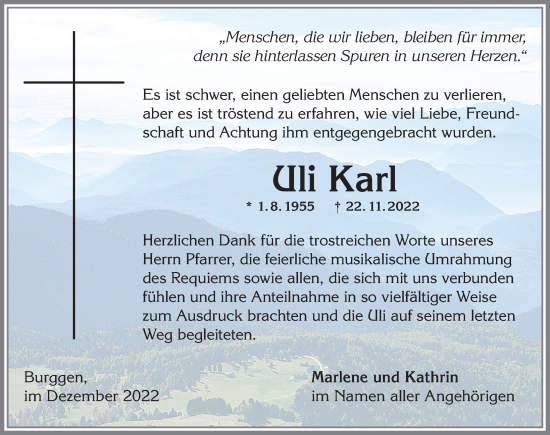 Traueranzeige von Uli Karl von Allgäuer Zeitung, Füssen