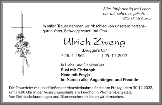 Traueranzeige von Ulrich Zweng von Allgäuer Zeitung, Füssen