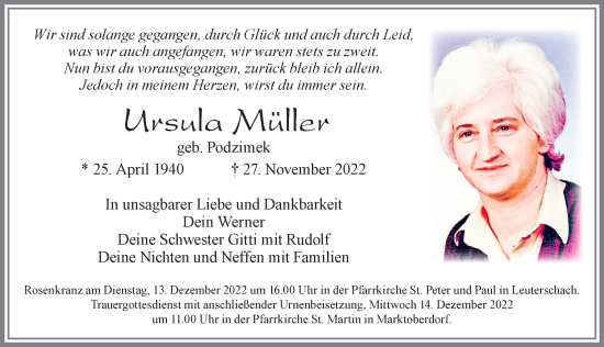 Traueranzeige von Ursula Müller von Allgäuer Zeitung, Kaufbeuren/Buchloe