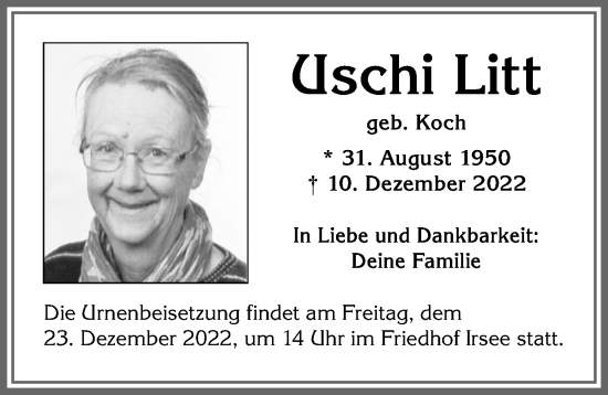 Traueranzeige von Uschi Litt von Allgäuer Zeitung, Kaufbeuren/Buchloe