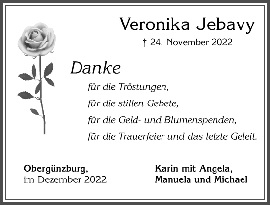 Traueranzeige von Veronika Jebavy von Allgäuer Zeitung, Marktoberdorf