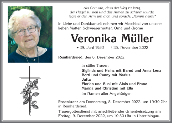 Traueranzeige von Veronika Müller von Allgäuer Zeitung, Marktoberdorf