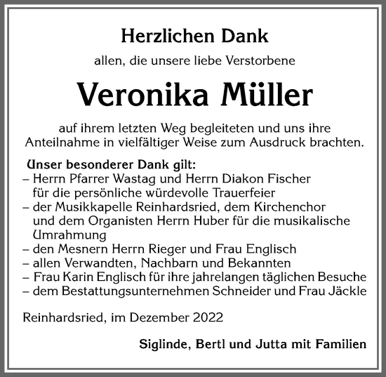 Traueranzeige von Veronika Müller von Allgäuer Zeitung, Marktoberdorf