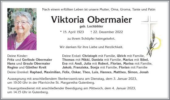 Traueranzeige von Viktoria Obermaier von Allgäuer Zeitung, Kaufbeuren/Buchloe