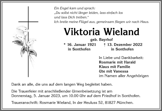 Traueranzeige von Viktoria Wieland von Allgäuer Anzeigeblatt