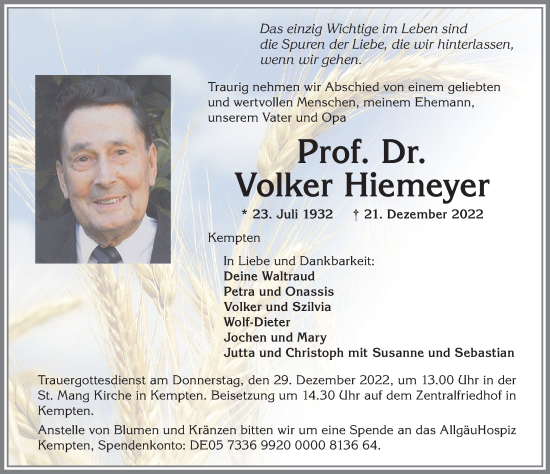 Traueranzeige von Volker Hiemeyer von Allgäuer Anzeigeblatt