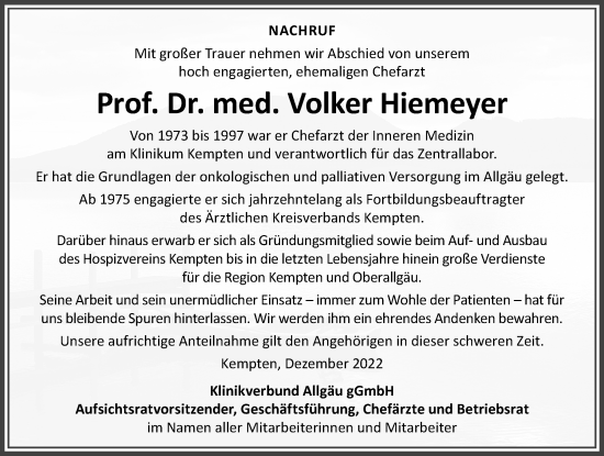 Traueranzeige von Volker Hiemeyer von Allgäuer Zeitung,Kempten