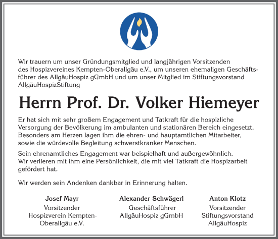 Traueranzeige von Volker Hiemeyer von Allgäuer Anzeigeblatt