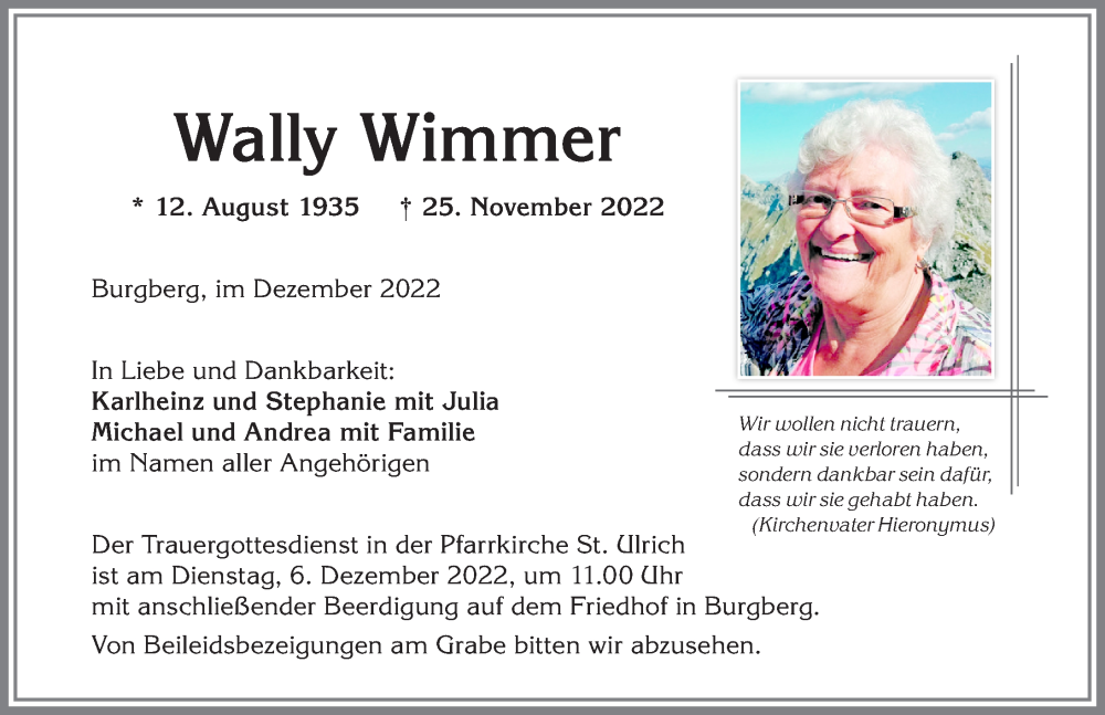  Traueranzeige für Wally Wimmer vom 03.12.2022 aus Allgäuer Anzeigeblatt