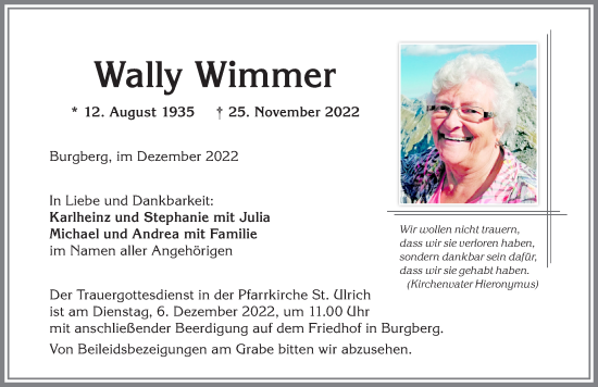 Traueranzeige von Wally Wimmer von Allgäuer Anzeigeblatt
