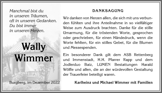 Traueranzeige von Wally Wimmer von Allgäuer Anzeigeblatt