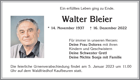 Traueranzeige von Walter Bleier von Allgäuer Zeitung, Kaufbeuren/Buchloe