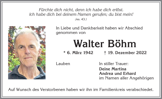 Traueranzeige von Walter Böhm von Allgäuer Zeitung,Kempten