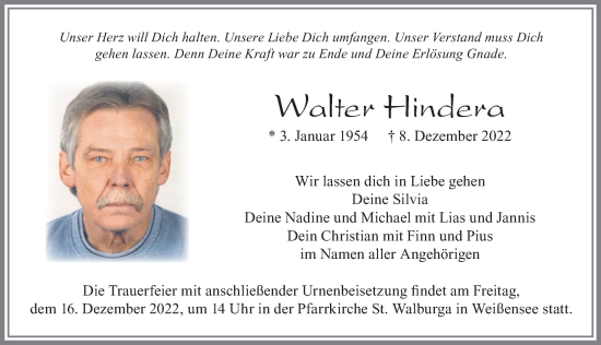 Traueranzeige von Walter Hindera von Allgäuer Zeitung, Füssen