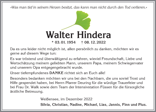 Traueranzeige von Walter Hindera von Allgäuer Zeitung, Füssen