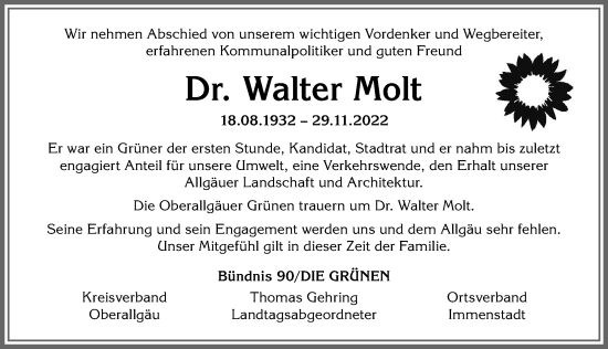 Traueranzeige von Walter Molt von Allgäuer Anzeigeblatt