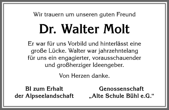 Traueranzeige von Walter Molt von Allgäuer Anzeigeblatt