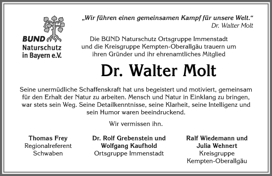 Traueranzeige von Walter Molt von Allgäuer Anzeigeblatt