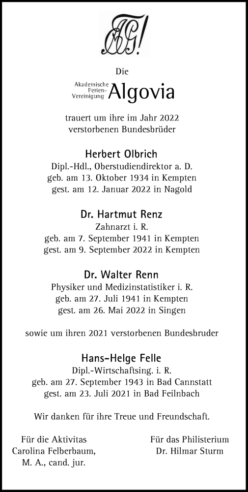 Traueranzeige von Walter Renn von Allgäuer Zeitung,Kempten