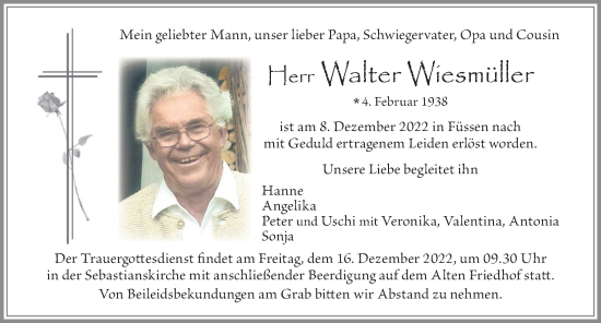 Traueranzeige von Walter Wiesmüller von Allgäuer Zeitung, Füssen