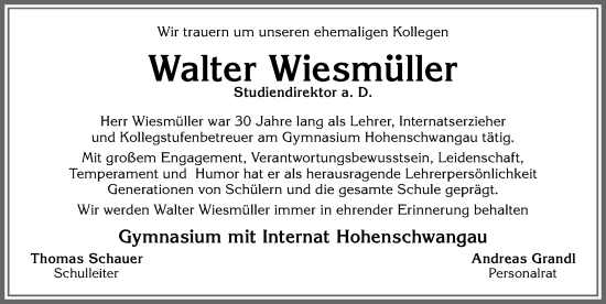 Traueranzeige von Walter Wiesmüller von Allgäuer Zeitung, Füssen