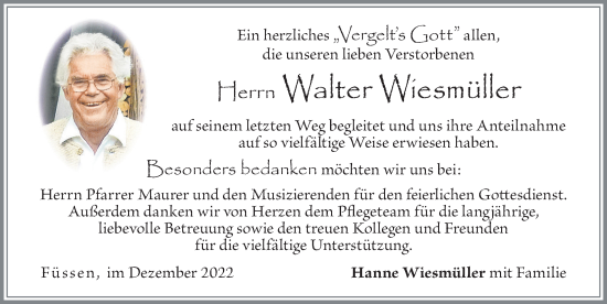 Traueranzeige von Walter Wiesmüller von Allgäuer Zeitung, Füssen