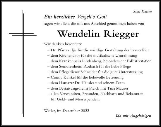 Traueranzeige von Wendelin Riegger von Der Westallgäuer