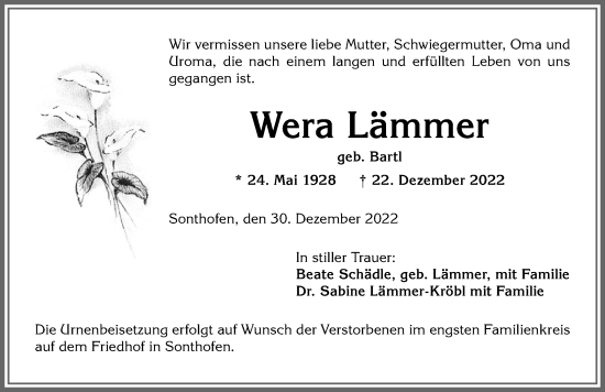 Traueranzeige von Wera Lämmer von Allgäuer Anzeigeblatt