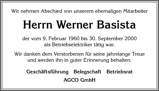 Traueranzeige von Werner Basista von Allgäuer Zeitung, Marktoberdorf