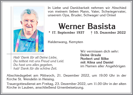 Traueranzeige von Werner Basista von Allgäuer Zeitung,Kempten