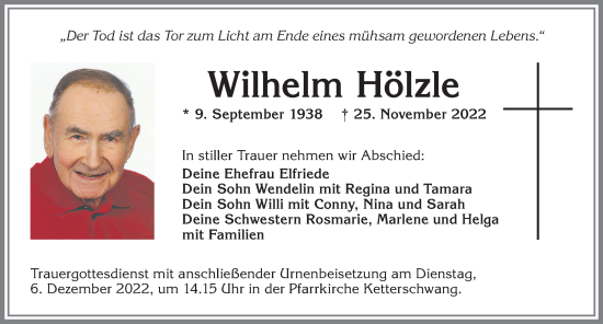 Traueranzeige von Wilhelm Hölzle von Allgäuer Zeitung, Kaufbeuren/Buchloe
