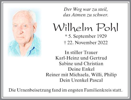 Traueranzeige von Wilhelm Pohl von Allgäuer Zeitung, Marktoberdorf