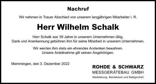 Traueranzeige von Wilhelm Schalk von Memminger Zeitung