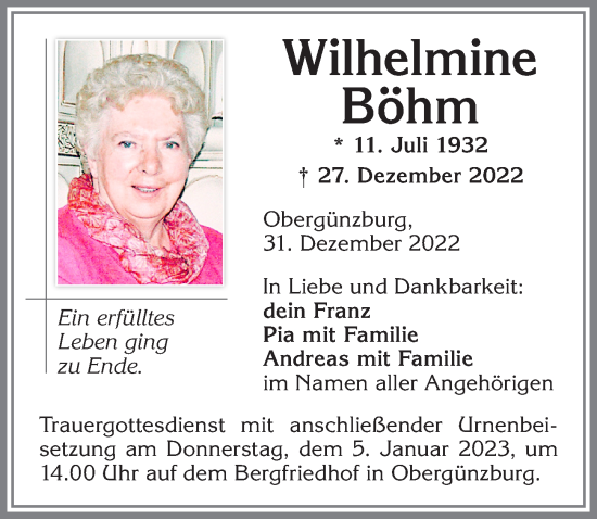 Traueranzeige von Wilhelmine Böhm von Allgäuer Zeitung, Marktoberdorf