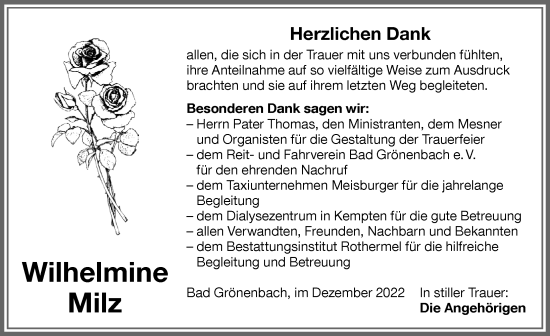 Traueranzeige von Wilhelmine Milz von Memminger Zeitung