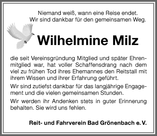 Traueranzeige von Wilhelmine Milz von Memminger Zeitung