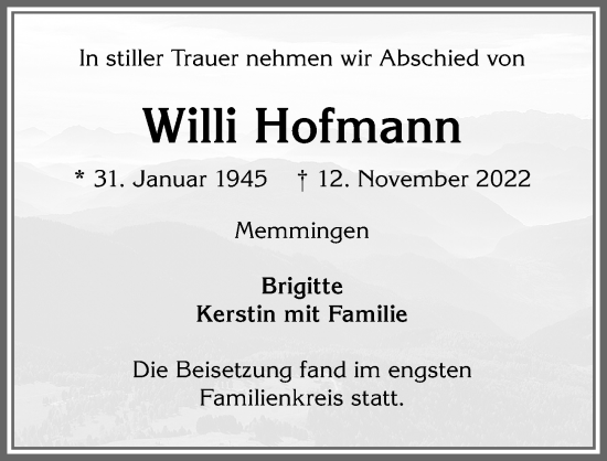 Traueranzeige von Willi Hofmann von Memminger Zeitung