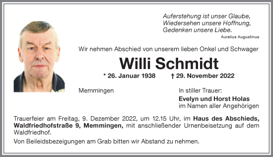 Traueranzeige von Willi Schmidt von Memminger Zeitung