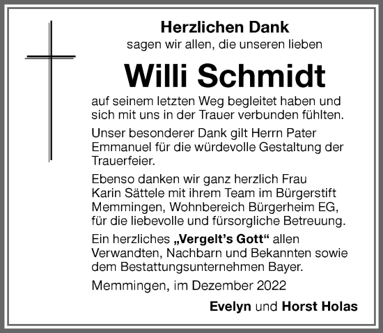 Traueranzeige von Willi Schmidt von Memminger Zeitung