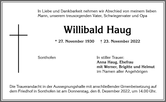 Traueranzeige von Willibald Haug von Allgäuer Anzeigeblatt