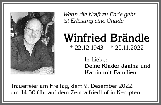 Traueranzeige von Winfried Brändle von Allgäuer Zeitung,Kempten