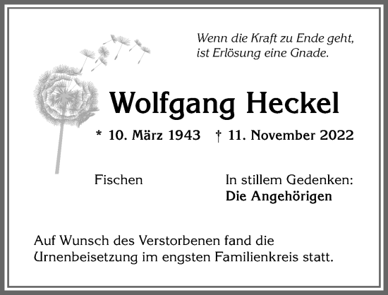 Traueranzeige von Wolfgang Heckel von Allgäuer Anzeigeblatt