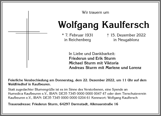 Traueranzeige von Wolfgang Kaulfersch von Allgäuer Zeitung, Kaufbeuren/Buchloe