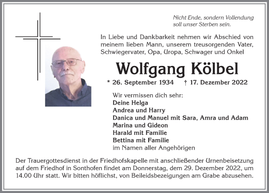 Traueranzeige von Wolfgang Kölbel von Allgäuer Anzeigeblatt